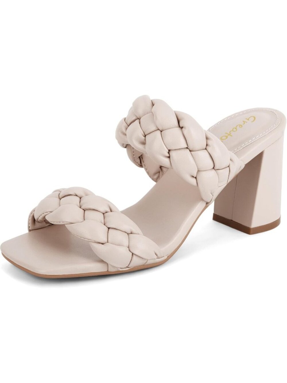 Women's Nude Double Braided Woven Straps Square Toe Chunky High Heel Sandals